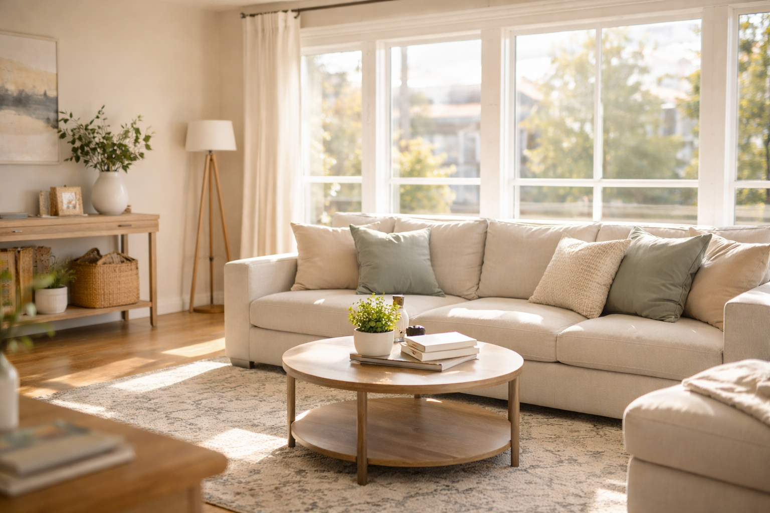 Bright, clean living room with natural sunlight