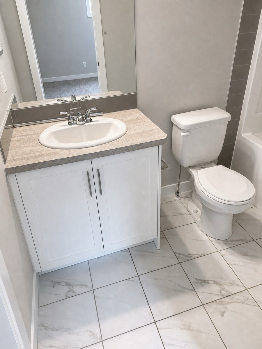 Bathroom vanity with polished sink, streak-free mirror, and clean tile floor after a NeatNow first time clean in Calgary