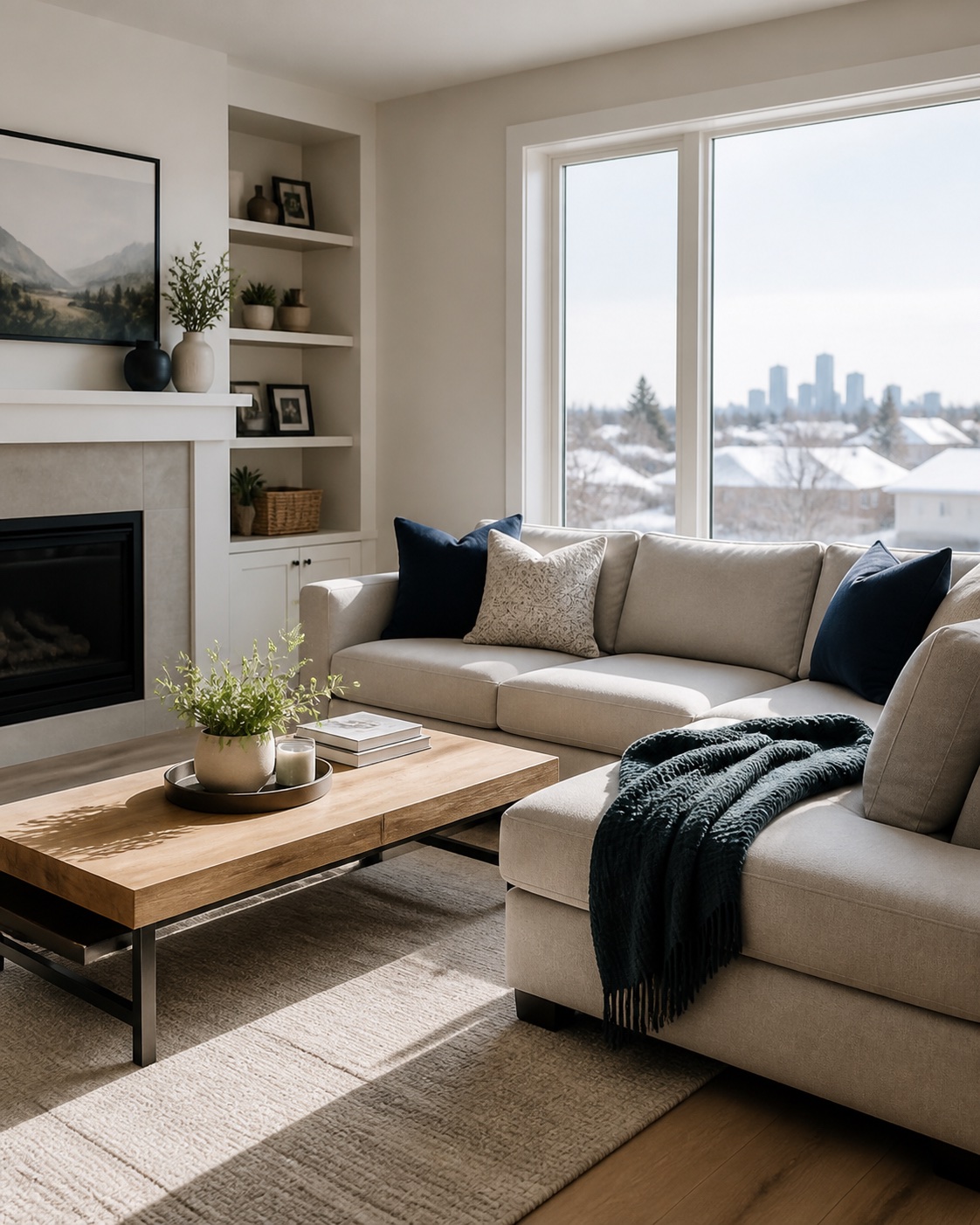 Clean living room with Calgary skyline through the window
