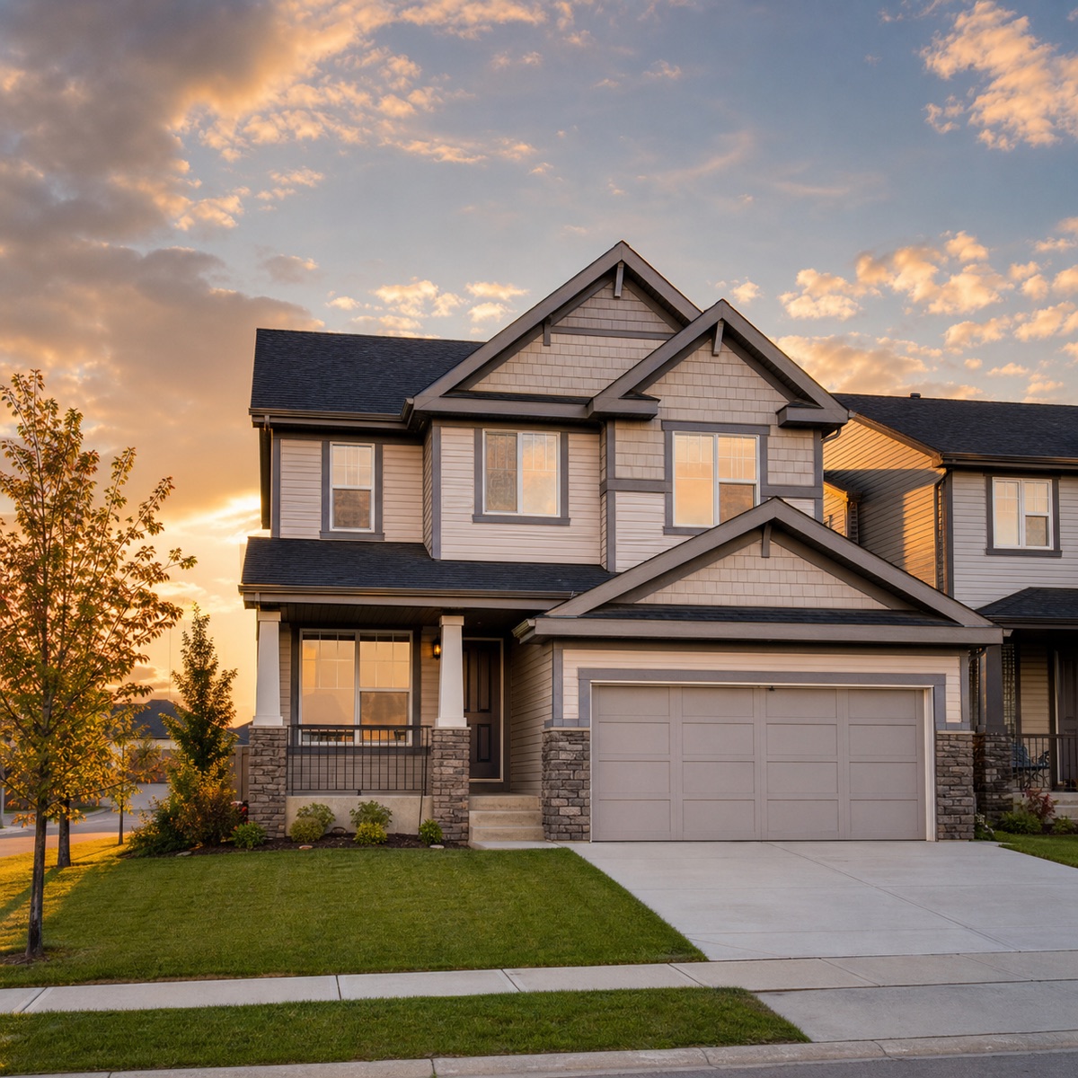 Two-storey family home in a newer Airdrie suburb at golden hour