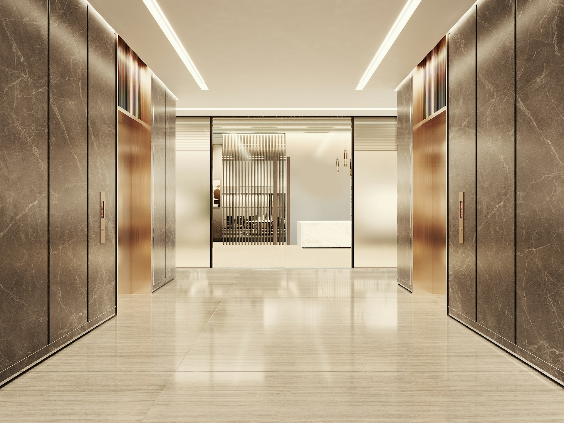 Modern condo elevator lobby with polished marble floors and glass accents